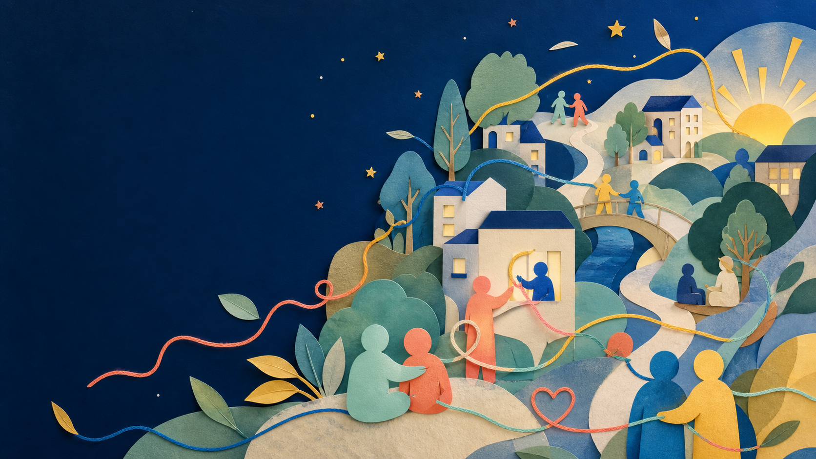 色とりどりの糸が人と人をつなぐ、物語をつむぐ人のイラスト